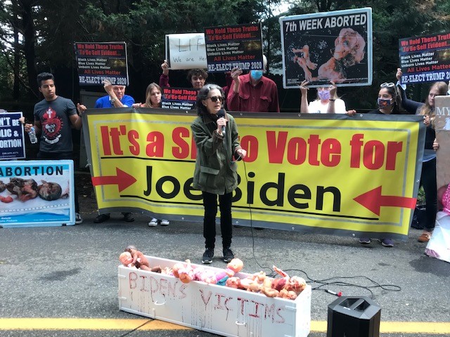 Missy Reilly Smith speaking at Operation Rescue's protest outside Joe Biden's Delaware house on October 2, 2020. Photo by fellow protester Albert Stecklein.